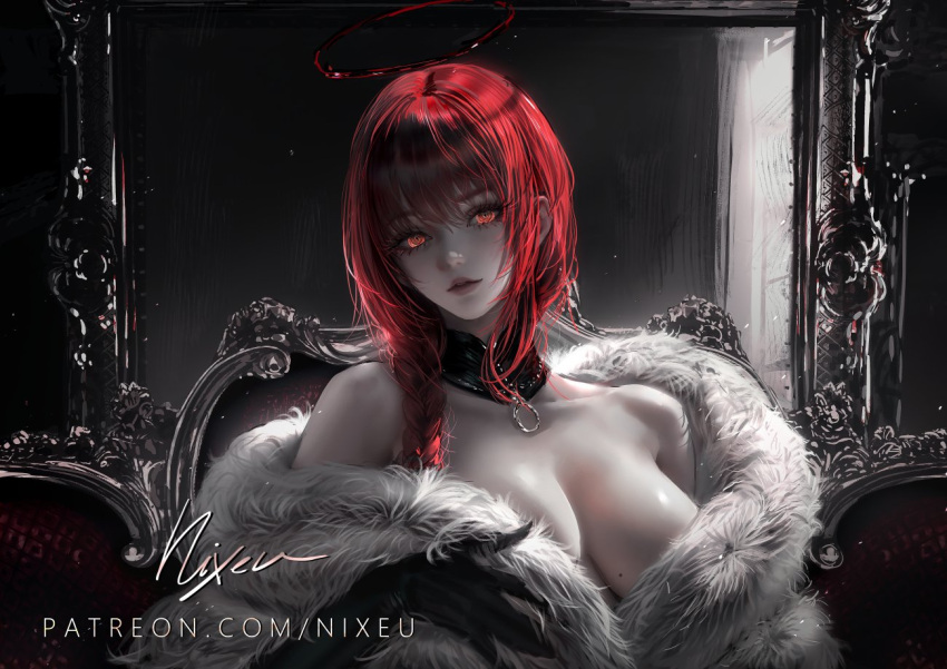 1girl bare_shoulders black_collar black_gloves braid breasts chainsaw_man chair cleavage collar detached_collar fur-trimmed_jacket fur_trim gloves hair_between_eyes halo jacket large_breasts looking_at_viewer makima_(chainsaw_man) nixeu parted_lips patreon_username portrait red_eyes red_hair red_halo side_braid signature single_braid solo yellow_eyes