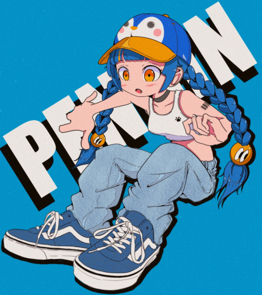 1girl arm_tattoo barcode barcode_tattoo baseball_cap black_choker blue_background blue_footwear blue_hair blue_pants braid choker commentary crop_top cropped_shirt denim full_body hair_ornament hat highres jeans long_hair midriff nao97122 open_mouth orange_eyes original pants penguin_hat shirt shoelaces shoes sitting sleeveless sleeveless_shirt sneakers solo symbol-only_commentary tattoo twin_braids white_shirt