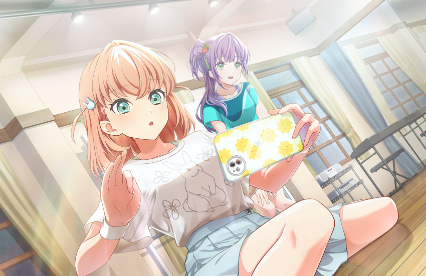 2girls :d :o animal_print aqua_eyes blue_skirt boombox breasts cassette_player ceiling_light cellphone chair collarbone crossed_bangs curtains flower game_cg green_eyes green_shirt hair_bun hair_flower hair_ornament highres hinoshita_kaho holding holding_phone indoors instrument keyboard_(instrument) leaning_forward link!_like!_love_live! long_hair looking_at_another looking_at_phone love_live! medium_breasts medium_hair miniskirt multiple_girls official_art on_floor open_mouth orange_hair otomune_kozue phone pleated_skirt print_shirt purple_hair purple_tank_top rabbit_hair_ornament rabbit_print rain red_flower shelf shirt side_ponytail sidelocks single_side_bun sitting skirt smartphone smile speaker tank_top teeth third-party_source two_side_up upper_teeth_only virtual_youtuber wariza white_shirt window wooden_floor