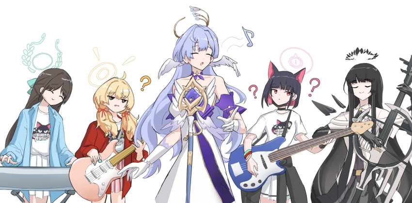 5girls ? ?? ^_^ airi_(band)_(blue_archive) airi_(blue_archive) animal_ears arknights bass_guitar black_choker black_eyes black_gloves black_hair black_jacket blonde_hair blue_archive blue_jacket blunt_bangs bob_cut bracelet broken_halo cat_ears character_request choker closed_eyes clothes_around_waist collarbone colored_inner_hair commentary confused crossover detached_sleeves detached_wings elbow_gloves electric_guitar english_commentary extra_ears feathered_wings gloves guitar hair_ribbon halo head_wings highres holding holding_instrument instrument jacket jacket_around_waist jewelry kazusa_(band)_(blue_archive) kazusa_(blue_archive) keyboard_(instrument) long_hair mask mouth_mask multicolored_hair multiple_girls music official_alternate_costume official_alternate_hairstyle open_clothes open_jacket parted_bangs playing_instrument print_shirt purple_hair red_eyes red_jacket ribbon shirt short_hair short_sleeves sidelocks simple_background singing skirt smile surgical_mask t-shirt toyyot tress_ribbon two-tone_hair virtuosa_(arknights) white_background white_gloves white_shirt white_skirt wings yoshimi_(band)_(blue_archive) yoshimi_(blue_archive)