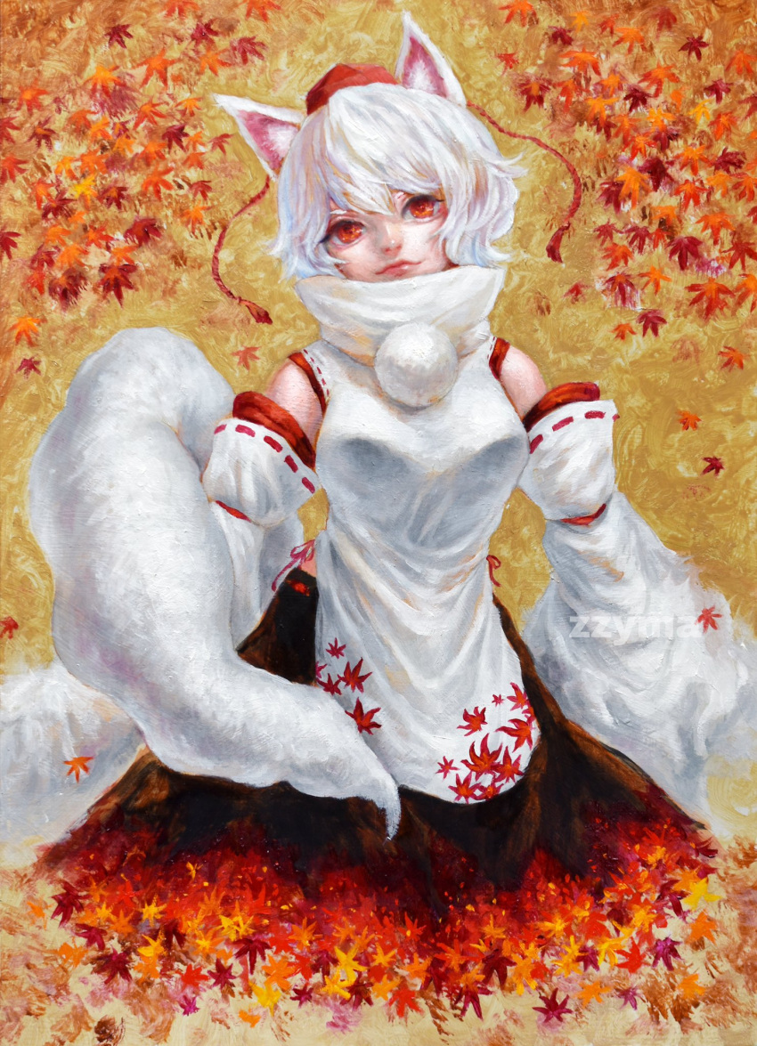 1girl :3 animal_ears autumn_leaves black_skirt breasts detached_sleeves hat highres inubashiri_momiji japanese_clothes johnalay layered_clothes layered_shirt layered_sleeves leaf leaf_print long_sleeves looking_at_viewer medium_breasts medium_hair painting_(medium) pom_pom_(clothes) red_eyes red_hat shirt skirt smile swept_bangs tail tokin_hat touhou traditional_media turtleneck wavy_hair white_fur white_hair white_shirt white_sleeves wolf_ears wolf_girl wolf_tail