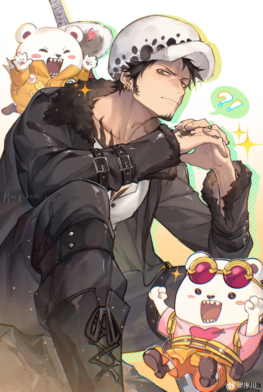 2boys :d bepo black_hair chibi creature creature_on_shoulder facial_hair from_below furry furry_male goatee highres jyukawa long_sideburns looking_at_viewer male_focus multiple_boys on_shoulder one_piece short_hair sideburns sitting smile tattoo trafalgar_law yellow_eyes