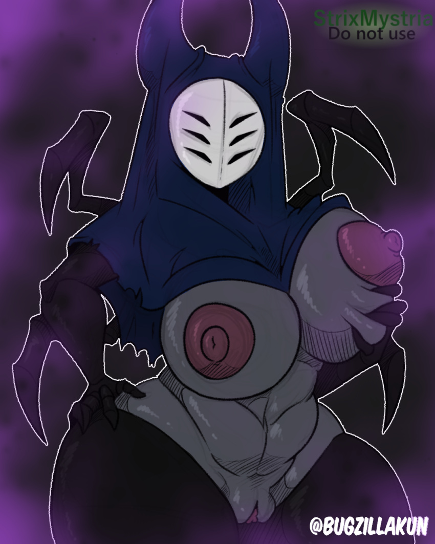 2_horns anthro arachnid areola arthropod black_body black_text blue_hood breasts bugzilla female fingers genitals green_text grey_body herrah_(hollow_knight) hi_res holding_breast hollow_knight hood horn looking_at_viewer mature_female multi_eye multi_limb nipples nude presenting pussy solo spider standing strixmystria team_cherry text thick_thighs white_text wide_hips