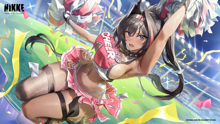 1girl absurdres ahoge bay_(nikke) black_hair blush breasts cheerleader crop_top dark-skinned_female dark_skin gesoking goddess_of_victory:_nikke hair_intakes highres large_breasts long_hair looking_at_viewer mole mole_on_breast mole_on_stomach mole_under_mouth multicolored_hair multiple_moles navel official_art pom_pom_(cheerleading) ponytail skirt solo streaked_hair underboob wide_hips