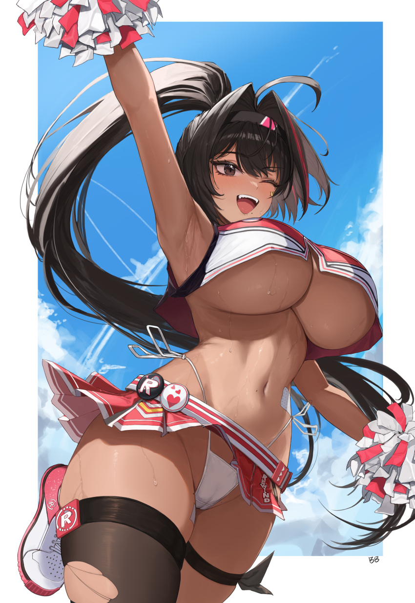 1girl ;d absurdres ahoge arm_up armpits badge bandaid_on_stomach bare_shoulders bay_(nikke) black_hair black_hairband black_thighhighs blue_sky breasts buff_bard button_badge cheerleader cloud commentary contrail cowboy_shot crop_top crop_top_overhang cropped_shirt dark-skinned_female dark_skin day floating_hair goddess_of_victory:_nikke hair_between_eyes hair_intakes hairband highleg highleg_panties highres holding holding_pom_poms large_breasts long_hair mole mole_on_stomach mole_under_eye mole_under_mouth multicolored_hair navel one_eye_closed open_mouth panties pleated_skirt pom_pom_(cheerleading) ponytail red_hair red_shirt red_skirt shirt shoes side-tie_panties sidelocks signature single_thighhigh skindentation skirt sky sleeveless sleeveless_shirt smile sneakers solo standing standing_on_one_leg star_(symbol) star_in_eye star_sticker sticker_on_face stomach streaked_hair sweat symbol_in_eye teeth thigh_strap thighhighs torn_clothes torn_thighhighs two-tone_hair two-tone_skirt underboob underwear upper_teeth_only very_long_hair white_footwear white_panties