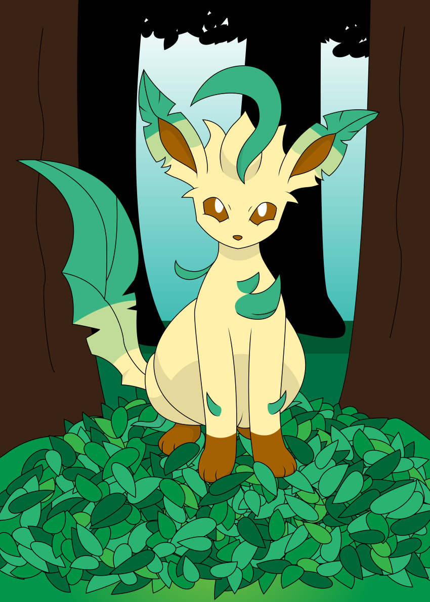 absurd_res eeveelution female feral forest forest_background generation_4_pokemon happy hi_res leaf leaf_ears leaf_tail leafeon looking_at_viewer nature nature_background nest nintendo plant pokemon pokemon_(species) pregnant solo tail tree xniclord789x