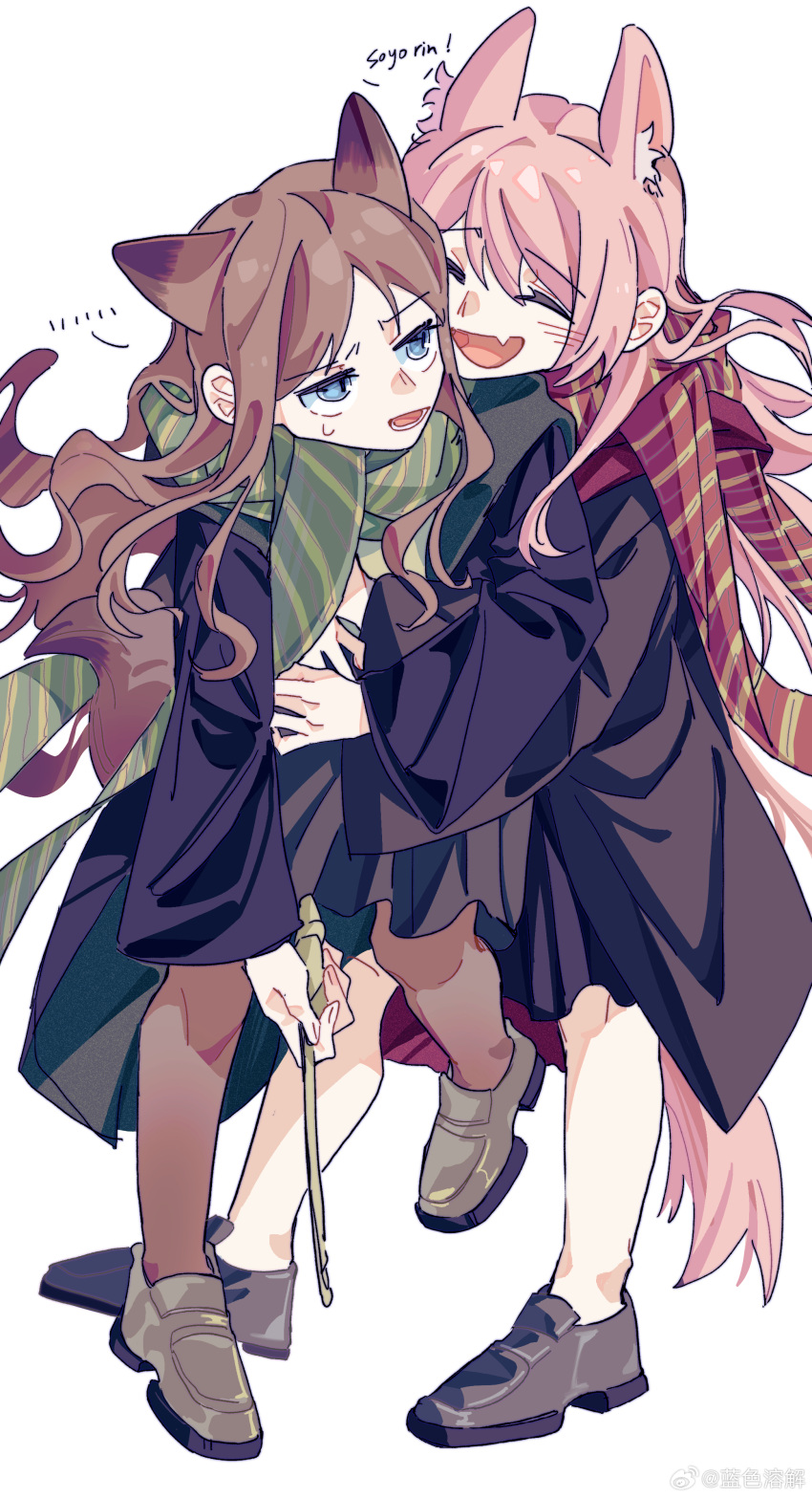 2girls absurdres bang_dream! bang_dream!_it's_mygo!!!!! black_coat black_pantyhose blue_eyes blush brown_footwear brown_hair character_name chihaya_anon chinese_commentary closed_eyes coat commentary_request commission cosplay fang full_body green_scarf grey_skirt harry_potter_(series) highres holding holding_wand hug lanserongjie loafers long_hair long_sleeves lower_teeth_only multiple_girls nagasaki_soyo pantyhose pink_hair red_scarf scarf shoes sidelocks simple_background single_leg_pantyhose skin_fang skirt smile sweatdrop teeth wand white_background wizarding_world yuri