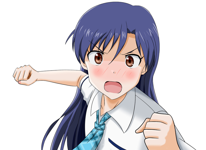 angry blue_hair blush brown_eyes clenched_hands idolmaster idolmaster_(classic) incoming_punch kisaragi_chihaya long_hair necktie open_mouth school_uniform solo takumi_(rozen_garten)