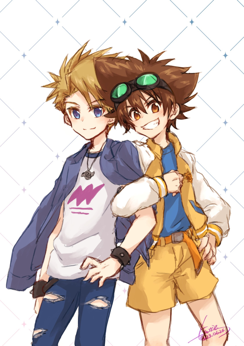 2boys absurdres artist_name blonde_hair blue_eyes blue_jacket blue_pants blue_shirt brown_eyes brown_hair cowboy_shot denim digimon digimon_adventure goggles goggles_on_head highres ishida_yamato jacket jacket_on_shoulders katie_0626 locked_arms looking_at_viewer medium_hair multiple_boys orange_jacket orange_shorts pants shirt short_hair shorts sleeveless sleeveless_shirt smile spiked_hair teeth torn_clothes torn_pants twitter_username white_shirt yagami_taichi