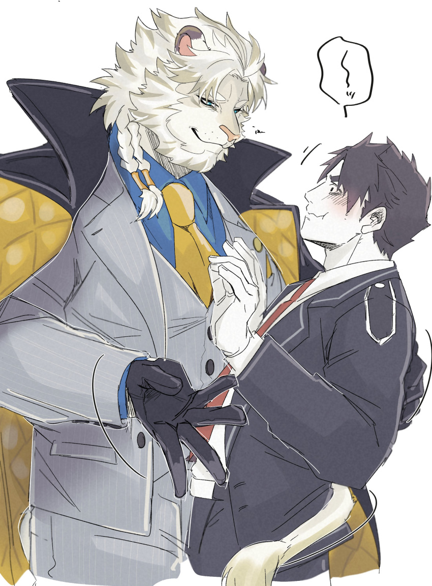 2boys absurdres animal_ears astosis_(live_a_hero) bara black_gloves black_vest blush braid brown_hair coat coat_on_shoulders flustered gloves grey_jacket grey_pants grey_vest hand_on_another's_back high_collar highres izm_(izm_rm7) jacket lapels lion_boy lion_ears lion_mane lion_tail live_a_hero looking_at_another male_focus male_protagonist_(live_a_hero) multiple_boys muscular muscular_male necktie orange_necktie pants red_necktie seductive short_hair signature smile tail thick_eyebrows upper_body vest wavy_mouth white_background white_fur white_hair yaoi