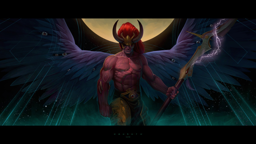1boy abs absurdres ancient_egyptian_hat armor blade_of_ahn-nunurta buckle closed_mouth colored_skin commentary english_commentary eyes_in_wings feathered_wings gem gold_armor highres horns khopesh leg_armor magic magnus_the_red male_focus missing_eye moon moon_behind_head muscular muscular_male orange_eyes ornate_armor ozornin power_armor primarch purple_wings red_gemstone red_hair red_skin spread_wings the_crown_of_the_crimson_king thousand_sons topless_male veins warhammer_40k wings yellow_eyes
