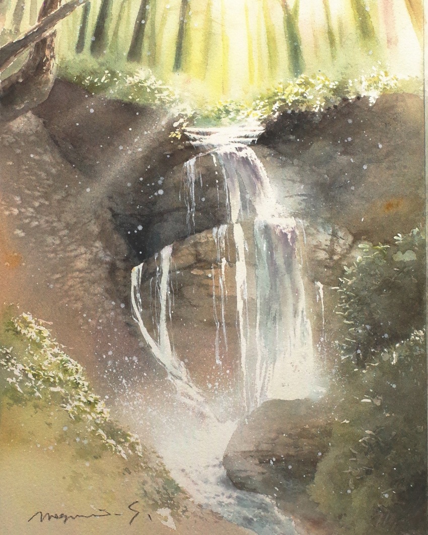 cliff day forest grass highres moss nature no_humans original painting_(medium) scenery shimizu_megumi_(m_acquerello) sunlight traditional_media tree water watercolor_(medium) waterfall