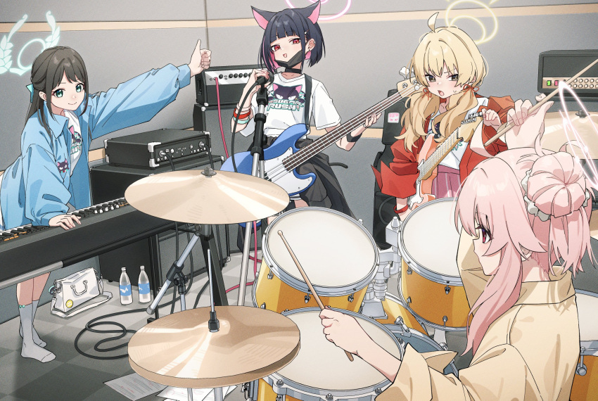 4girls after-school_sweets_club_(blue_archive) airi_(band)_(blue_archive) airi_(blue_archive) amplifier animal_ears bag bass_guitar black_hair black_jacket blue_archive blunt_bangs bob_cut bottle bow bracelet brown_jacket cat_ears cat_girl clothes_around_waist colored_inner_hair commentary drum drum_set drumsticks electric_guitar english_commentary engrish_commentary extra_ears green_eyes grey_eyes guitar hair_between_eyes hair_bow hair_bun hair_ornament hair_ribbon hair_scrunchie hairclip halo handbag highres holding holding_drumsticks holding_instrument holding_microphone indoors instrument jacket jacket_around_waist jewelry kazusa_(band)_(blue_archive) kazusa_(blue_archive) keyboard_(instrument) kneehighs light_brown_hair long_hair long_sleeves looking_at_another low_twintails microphone microphone_stand multicolored_hair multiple_girls music natsu_(band)_(blue_archive) natsu_(blue_archive) official_alternate_costume official_alternate_hairstyle open_clothes open_jacket paper parted_bangs pink_hair pink_skirt plastic_bottle playing_instrument print_shirt red_hair red_jacket ribbon ring scrunchie shirt sho_bu_1116 short_hair short_sleeves sidelocks single_side_bun skirt socks speaker studio t-shirt twintails two-tone_hair water_bottle white_shirt white_skirt white_socks yoshimi_(band)_(blue_archive) yoshimi_(blue_archive)