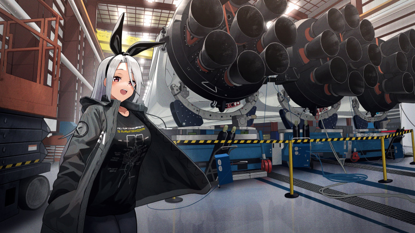 1girl absurdres animal_ears azur_lane black_jacket blush commission fake_animal_ears falcon_heavy hanabusaraleigh hands_in_pockets hangar highres jacket long_hair looking_at_viewer nasa_logo open_clothes open_jacket open_mouth prinz_heinrich_(azur_lane) red_eyes second-party_source shirt smile solo