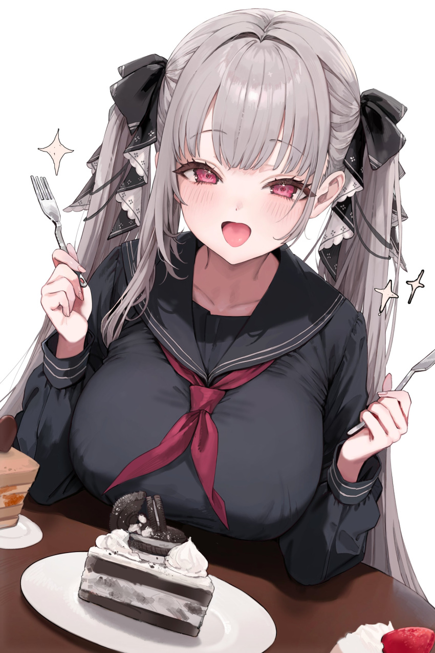 1girl absurdres azur_lane blush breasts formidable_(azur_lane) formidable_(the_lover's_heart_flutters_on_duty)_(azur_lane) freng grey_hair highres huge_breasts looking_at_viewer open_mouth pink_eyes simple_background smile solo twintails white_background