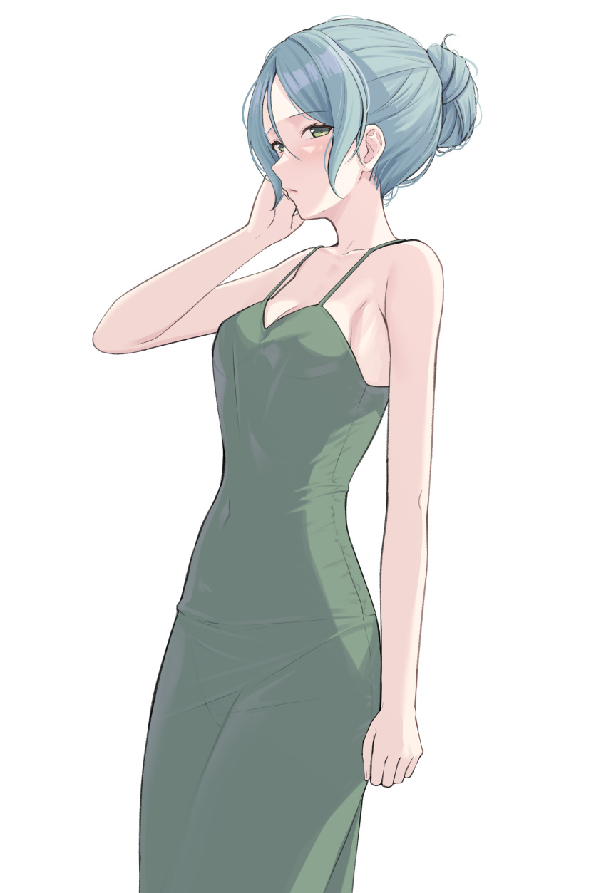 1girl absurdres alternate_hairstyle aqua_hair arm_at_side armpit_crease bang_dream! bare_arms bare_shoulders breasts closed_mouth collarbone commentary_request covered_navel cowboy_shot dress from_side green_dress green_eyes hair_between_eyes hair_bun hand_on_own_cheek hand_on_own_face hand_up highres hikawa_sayo korean_commentary long_bangs looking_at_viewer looking_to_the_side medium_breasts pantylines ptal short_hair sideways_glance simple_background single_hair_bun sleeveless sleeveless_dress solo spaghetti_strap standing white_background