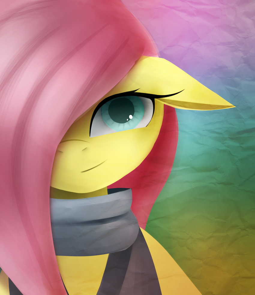 absurd_res clothing cyan_eyes equine female floppy_ears fluttershy_(mlp) friendship_is_magic fur gradient_background hair hair_ove_eye hair_over_eye hi_res horse long_hair looking_at_viewer mammal my_little_pony pegasus pink_hair pony smile solo twistedmindpony wings yellow_fur