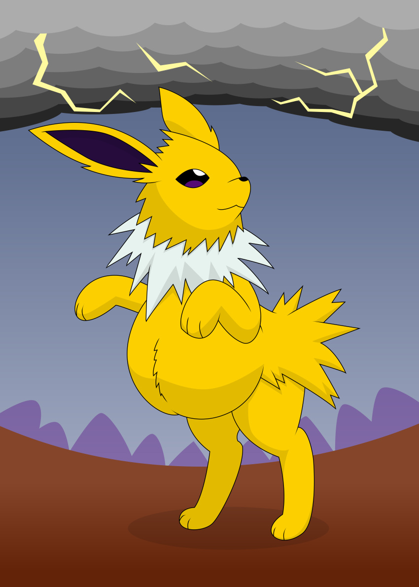 absurd_res belly big_belly dark_clouds eeveelution electricity female feral fur generation_1_pokemon hi_res jolteon lightning mammal nintendo pokemon pokemon_(species) pregnant pregnant_female solo spiked_fur standing_on_hind_legs thunderstorm white_body white_fur xniclord789x
