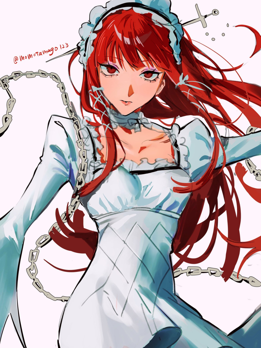 1girl blunt_bangs chain closed_mouth collar collarbone commentary detached_collar dress eyeshadow frilled_hairband frills hair_ornament hair_ribbon hairband highres long_hair long_sleeves looking_at_viewer makeup momotamago persona persona_3 red_eyes red_hair ribbon sidelocks simple_background solo twitter_username upper_body white_collar white_dress white_hairband white_ribbon yoshino_chidori