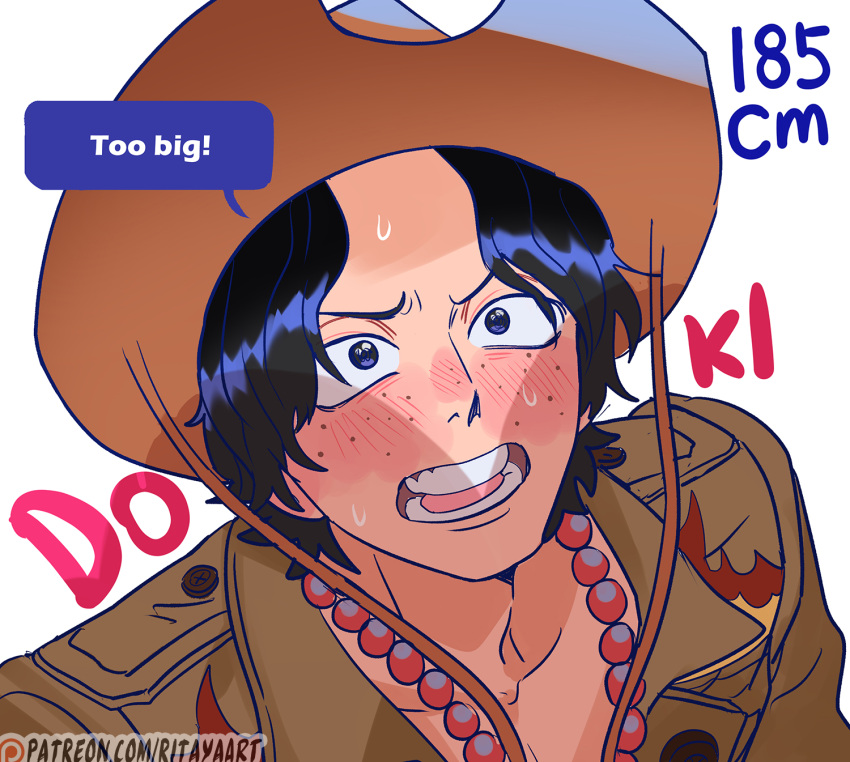 1boy alternate_costume black_eyes black_hair blush boob_shadow_(meme) brown_jacket english_commentary english_text freckles full-face_blush hat highres jacket jewelry meme necklace one_piece open_mouth portgas_d._ace rita_ya short_hair speech_bubble sweatdrop teeth