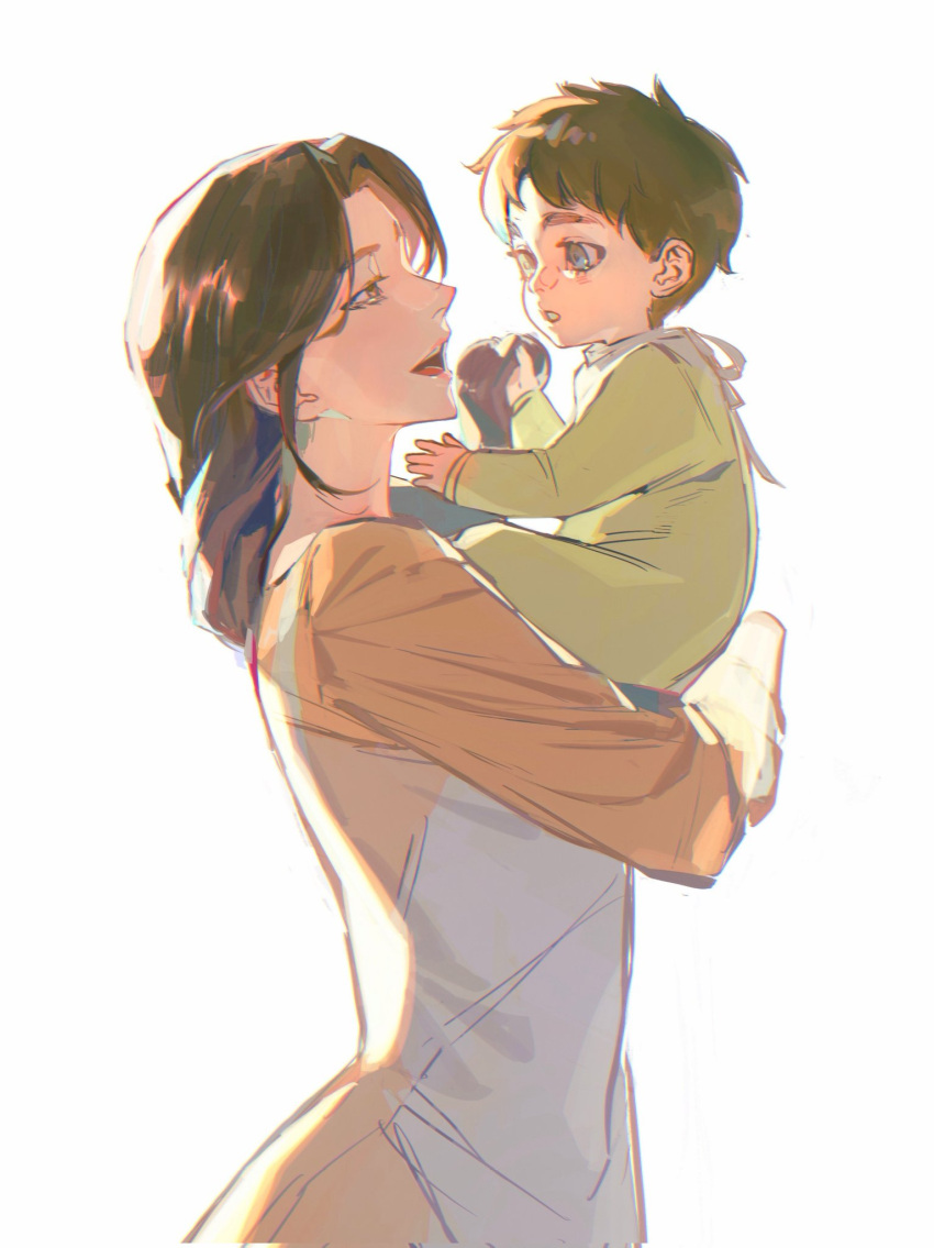 1boy 1girl apron baby black_hair brown_hair carla_yeager carrying cowboy_shot eren_yeager from_side highres long_hair mother_and_son motherly profile shingeki_no_kyojin short_hair smile zigong