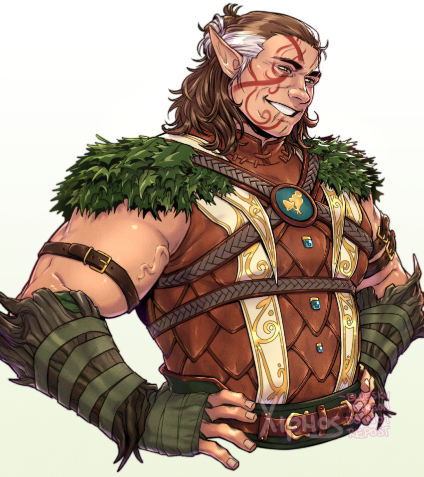 1boy alternate_hair_color baldur's_gate baldur's_gate_3 bara belly chest_harness cropped_torso dungeons_&amp;_dragons grass grin halsin hands_on_own_hips harness head_tilt highres looking_ahead male_focus mature_male medium_hair multicolored_hair muscular muscular_male plump pointy_ears rope smile solo streaked_hair thick_eyebrows tribal underbust veins veiny_arms weatherbane