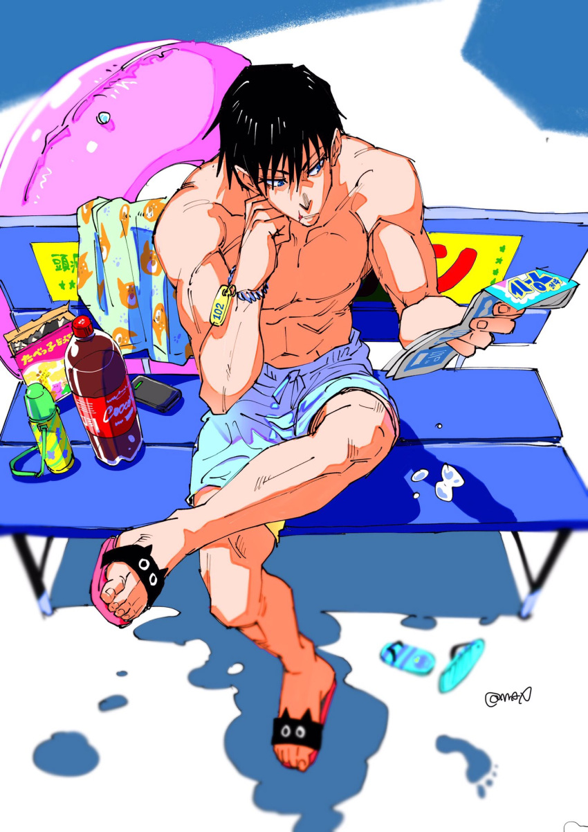 1boy black_hair blue_eyes blue_shorts bracelet cola crossed_legs from_above full_body fushiguro_touji hand_on_own_cheek hand_on_own_face highres holding holding_paper innertube jewelry jujutsu_kaisen male_focus max801115 on_bench paper phone pink_innertube sandals scar scar_on_face scar_on_mouth shorts signature solo swim_ring topless_male water