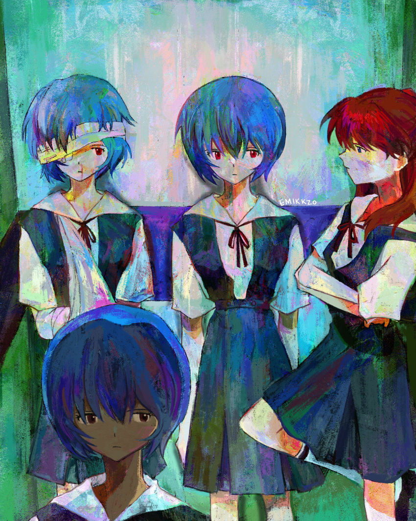 4girls absurdres ayanami_rei blue_hair dress elevator emikkzo highres injury multiple_girls neon_genesis_evangelion orange_hair red_eyes school_uniform short_hair souryuu_asuka_langley tokyo-3_middle_school_uniform