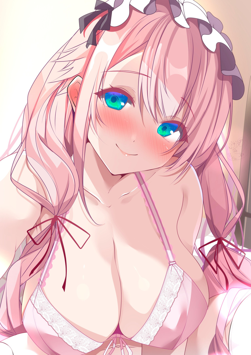 1girl absurdres aqua_eyes azur_lane bare_shoulders blue_eyes blush bra breasts cleavage closed_mouth collarbone ear_blush frilled_headwear highres lace-trimmed_bra lace_trim large_breasts lingerie long_hair looking_at_viewer low_twintails navel origami_aya pink_bra pink_hair reaching reaching_towards_viewer selfie signature smile solo spread_legs theseus_(azur_lane) twintails underwear upper_body