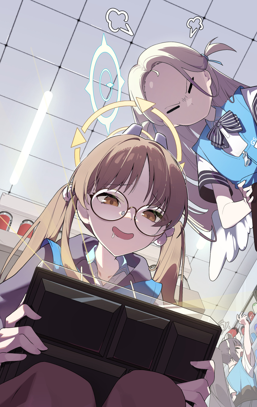 3girls absurdres blue_archive blue_halo blue_vest brown_eyes brown_hair closed_eyes drooling english_commentary facing_viewer feathered_wings from_below glasses halo hand_on_own_hip highres holding indoors long_hair low_wings miyu_(blue_archive) moe_(blue_archive) multiple_girls n_sol open_mouth shirt short_sleeves sora_(blue_archive) twintails two_side_up vest white_shirt wings yellow_halo