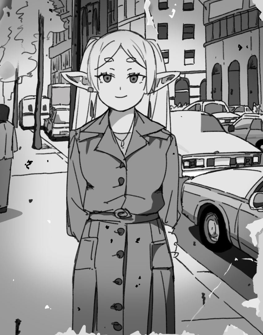 1girl arms_behind_back building car closed_mouth coat commentary_request contemporary earrings elf feet_out_of_frame frieren greyscale highres jewelry long_hair long_pointy_ears long_sleeves looking_at_viewer monochrome motor_vehicle outdoors parted_bangs perutore pointy_ears road smile solo_focus sousou_no_frieren standing straight-on street trench_coat twintails