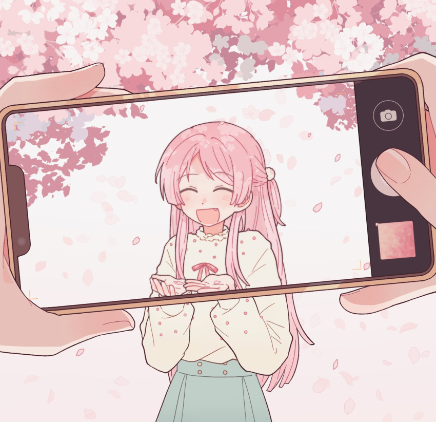 2girls :d artist_request bang_dream! bang_dream!_it's_mygo!!!!! blue_skirt blush cellphone cellphone_photo cherry_blossoms chihaya_anon closed_eyes commentary commission cowboy_shot dot_nose facing_viewer falling_petals fang female_pov half_updo high-waist_skirt highres holding holding_phone long_hair long_sleeves multiple_girls nagasaki_soyo one_side_up open_mouth parted_bangs petals phone pink_hair pleated_skirt pov pov_hands second-party_source shirt shirt_tucked_in skirt smartphone smile taking_picture white_shirt