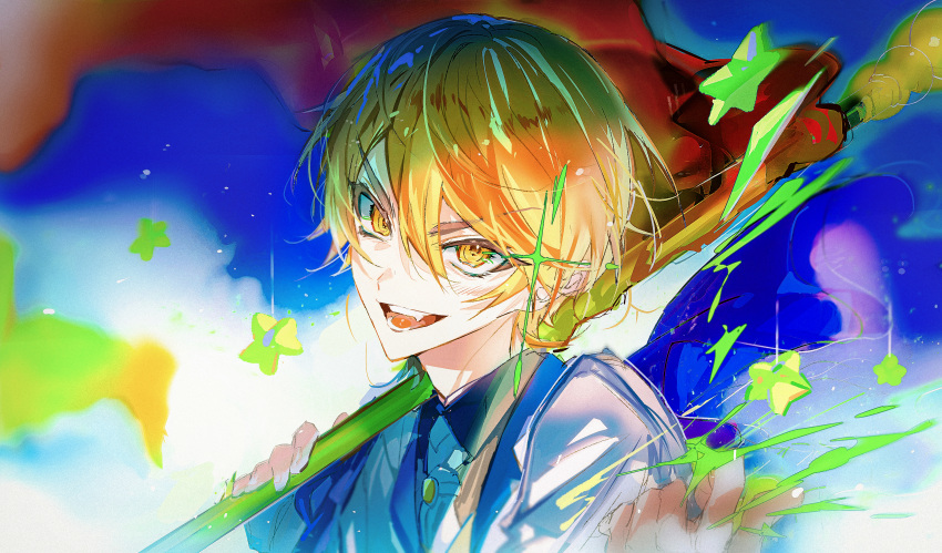 1boy absurdres blonde_hair commentary_request fang flag hair_between_eyes highres holding holding_flag looking_at_viewer male_focus matofu open_mouth portrait project_sekai shirt short_hair smile solo teeth tenma_tsukasa white_shirt wonderlands_x_showtime_(project_sekai) yellow_eyes