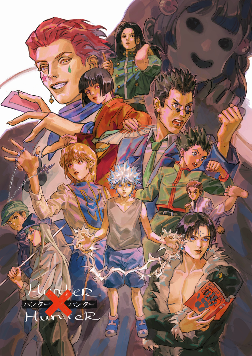 1other 6+boys absurdres alluka_zoldyck book card chain chrollo_lucilfer clenched_hand earrings electricity electrokinesis feet fighting_stance ging_freecss gon_freecss grin group_picture helium_raven highres hisoka_morow holding holding_book holding_card hunter_x_hunter illumi_zoldyck jewelry kalluto_zoldyck kicking killua_zoldyck kite_(hunter_x_hunter) kurapika leorio_paladiknight long_hair looking_at_viewer male_focus multiple_boys nanika_(hunter_x_hunter) necktie nen_(hunter_x_hunter) over_shoulder pants pectoral_cleavage pectorals shirt shorts smile standing suit weapon weapon_over_shoulder zushi