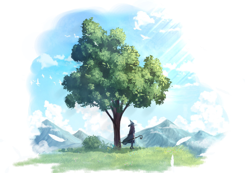 1other absurdres day feathers full_body hat highres holding holding_staff mountain mountainous_horizon original outdoors scenery sky solo soraciel staff standing tree witch_hat