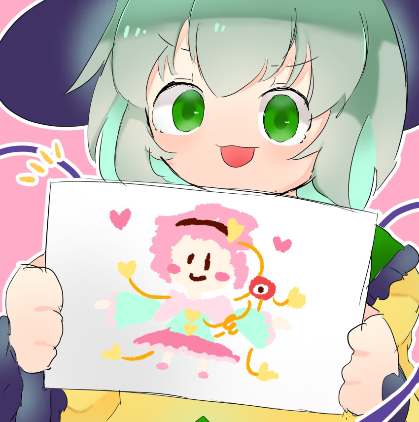 1girl black_hat chikuwa_is_good commentary drawing_(object) green_eyes green_hair hat highres holding komeiji_koishi komeiji_satori long_sleeves looking_at_viewer open_mouth outline pink_background simple_background smile third_eye touhou upper_body white_outline