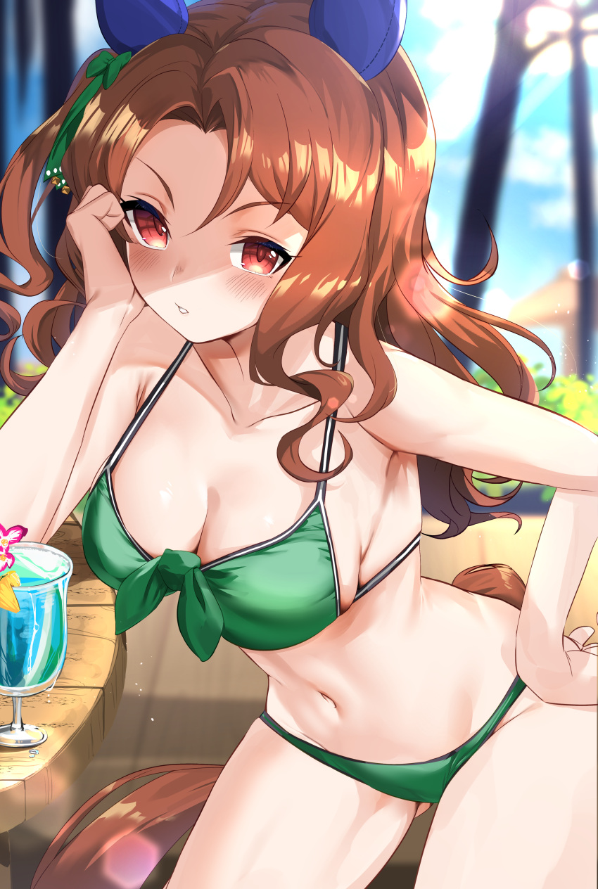 1girl absurdres animal_ears bikini blue_sky blurry blurry_background blush breasts brown_hair cleavage cloud commentary_request cup day drinking_glass ear_covers forehead green_bikini highres horse_ears horse_girl horse_tail king_halo_(umamusume) large_breasts long_hair looking_at_viewer maou_(maoudaisukiya) navel outdoors parted_lips red_eyes sky solo swimsuit tail umamusume