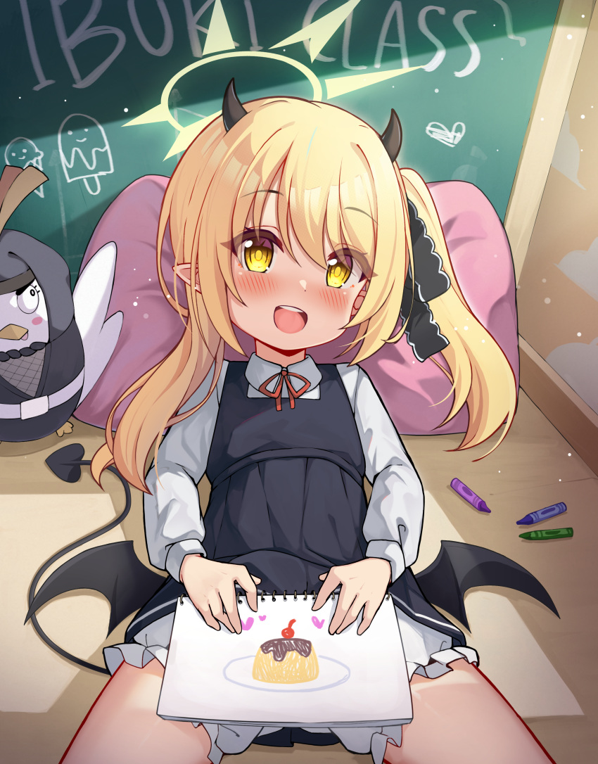1girl absurdres black_dress black_horns black_tail black_wings blonde_hair bloomers blue_archive blush chalkboard crayon demon_horns demon_tail demon_wings drawing_(object) dress hair_between_eyes hair_ribbon halo highres horns ibuki_(blue_archive) indoors long_hair long_sleeves looking_at_viewer low_wings luxuriou_s lying neck_ribbon on_back one_side_up open_mouth peroro_(blue_archive) pillow pinafore_dress pointy_ears ribbon shirt sleeveless sleeveless_dress smile solo stuffed_animal stuffed_bird stuffed_toy tail white_bloomers white_shirt wings yellow_eyes yellow_halo