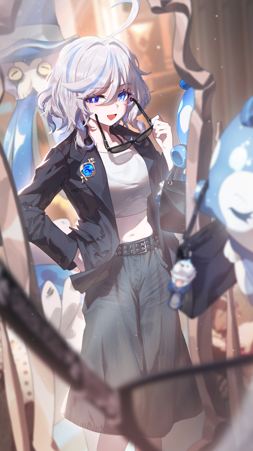 1girl absurdres alternate_costume animal_charm bag belt black-framed_eyewear black_belt black_jacket black_pants black_shorts blue_eyes blush breasts casual cropped_shirt feet_out_of_frame furina_(genshin_impact) genshin_impact gentilhomme_usher grey_hair hair_between_eyes hand_in_pocket handbag heterochromia highres holding holding_removed_eyewear jacket light_particles looking_at_mirror looking_at_viewer mademoiselle_crabaletta medium_breasts mirror multicolored_hair navel open_mouth pants shirt short_hair shorts solo stomach streaked_hair surintendante_chevalmarin sushispin unworn_eyewear vision_(genshin_impact) wavy_hair white_shirt