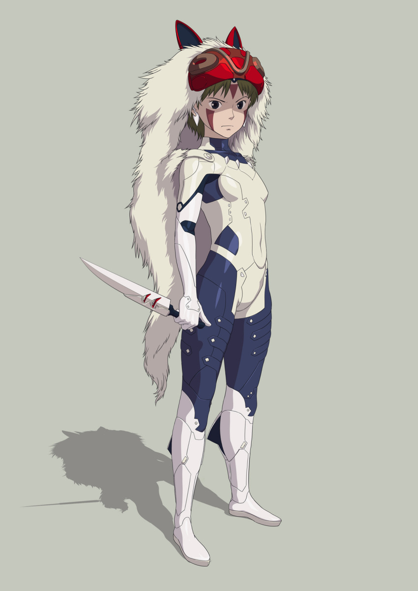 1girl alternate_costume animal_ears ats_(ats2nd) blue_bodysuit bodysuit breasts brown_hair cape commentary covered_navel dagger earrings english_commentary facial_mark fake_animal_ears full_body fur_cape grey_background highres holding holding_knife jewelry knife looking_to_the_side mask mask_on_head mononoke_hime san_(mononoke_hime) shadow short_hair simple_background solo standing two-tone_bodysuit weapon white_bodysuit