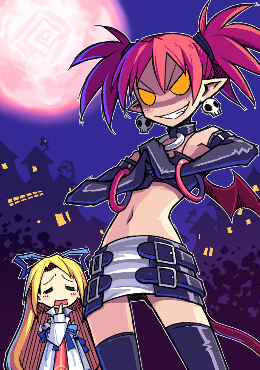 2girls blonde_hair closed_eyes cracking_knuckles crop_top disgaea dress earrings elbow_gloves etna_(disgaea) fang flat_chest flonne full_moon gloves grin highres jewelry long_hair looking_at_viewer miniskirt moon multiple_girls navel outdoors pointy_ears red_hair short_hair short_twintails skirt skull_earrings smile spdcooler teeth twintails zettai_ryouiki