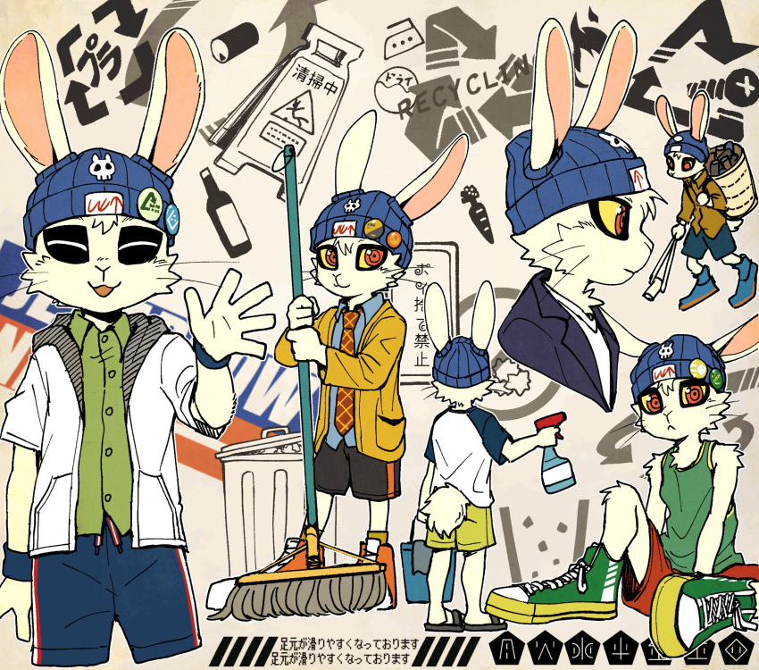 2019 5_fingers anthro black_eyeliner bosstariamuss bottomwear cleaning clothing eyeliner eyes_closed fingers footwear fur green_clothing green_shirt green_tank_top green_topwear happy headgear headwear hi_res japanese_text lagomorph leporid looking_at_viewer makeup male mammal open_mouth rabbit red_eyes sandals serious shirt shorts sitting solo tail tank_top text topwear white_body white_fur yellow_sclera