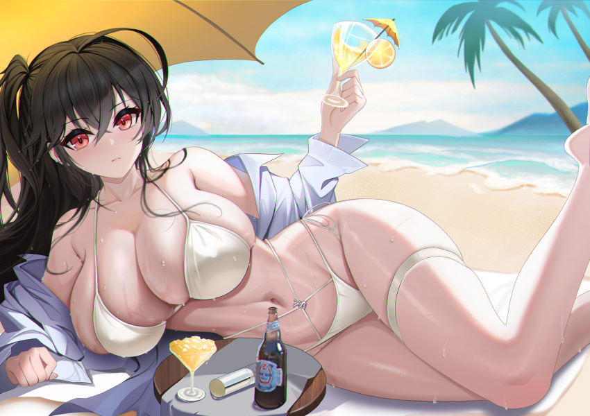 1girl absurdres ahoge azur_lane bare_shoulders beach bikini black_hair blue_sky breasts cleavage cocktail_glass collarbone crossed_bangs cup drinking_glass groin highres holding holding_cup huge_breasts jacket long_hair looking_at_viewer lying navel ocean official_alternate_costume on_side one_side_up outdoors palm_leaf palm_tree parasol red_eyes sand skindentation sky solo stomach swimsuit taihou_(azur_lane) taihou_(seaside_daydreams)_(azur_lane) thigh_strap tree umbrella water wet white_bikini white_jacket yijiufantexi