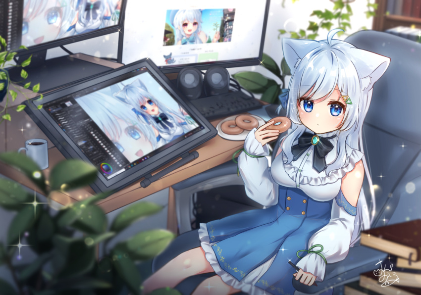 1girl animal_ears blue_eyes blue_skirt blurry blurry_foreground book book_stack bookshelf cat_ears chair cup day doughnut food grey_hair hair_ornament hairclip holding holding_stylus indoors keyboard_(computer) long_hair long_sleeves michiru_donut monitor mug original sitting skirt solo speaker stylus table tablet_pc