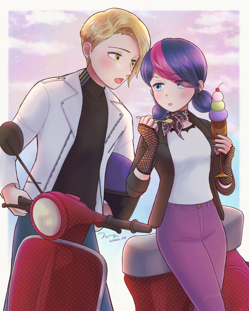 1boy 1girl adrien_agreste black_gloves black_jacket black_shirt blazer blonde_hair blue_eyes blue_hair blue_pants blush catnoir_love cloud cloudy_sky food gloves green_eyes highres holding holding_spoon ice_cream jacket looking_at_another marinette_dupain-cheng miraculous_ladybug motor_vehicle motorcycle open_clothes open_jacket open_mouth pants pink_pants scooter shirt short_hair short_twintails sky spoon twintails vespa white_jacket white_shirt