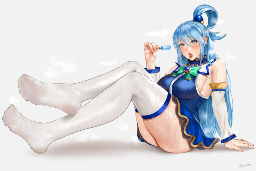 1girl aqua_(konosuba) blue_eyes blue_hair blue_shirt blue_skirt bow bowtie detached_sleeves easonx feet green_bow green_bowtie hair_ornament hair_rings kono_subarashii_sekai_ni_shukufuku_wo! licking long_hair shirt single_hair_ring skirt soles steam thighhighs toes water_drop wet white_thighhighs