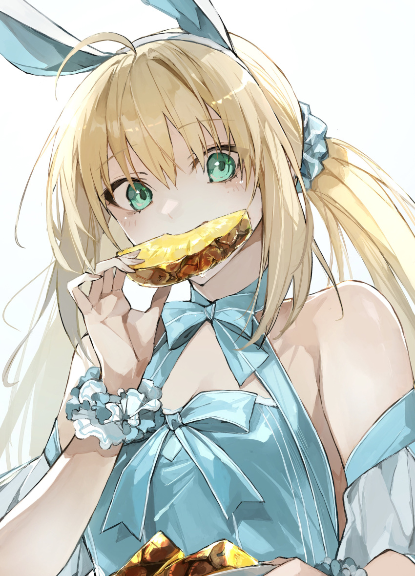 1girl absurdres ahoge animal_ears artoria_caster_(fate) artoria_caster_(swimsuit)_(fate) artoria_caster_(swimsuit)_(second_ascension)_(fate) artoria_pendragon_(fate) bare_shoulders blonde_hair blue_dress blush breasts dress eating fake_animal_ears fate/grand_order fate_(series) food fruit green_eyes hairband highres kino_kokko long_hair looking_at_viewer pineapple pineapple_slice puffy_short_sleeves puffy_sleeves rabbit_ears short_sleeves small_breasts solo twintails