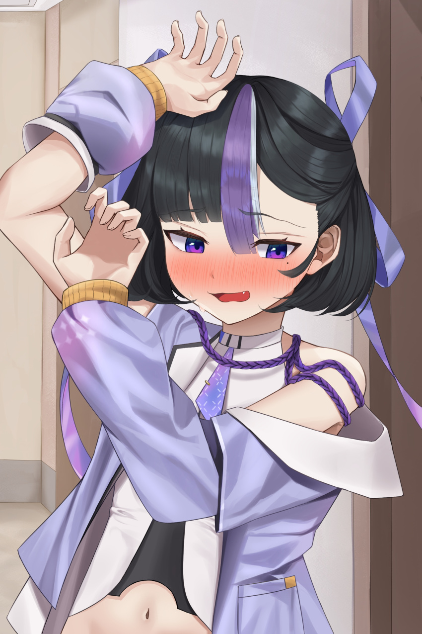 1girl absurdres black_hair blush embarrassed fang goddess_of_victory:_nikke hair_ribbon highres jacket multicolored_hair navel nose_blush open_mouth purple_eyes purple_hair purple_jacket purple_ribbon ribbon solo streaked_hair syuen_(nikke) tomatoushiekaki white_hair