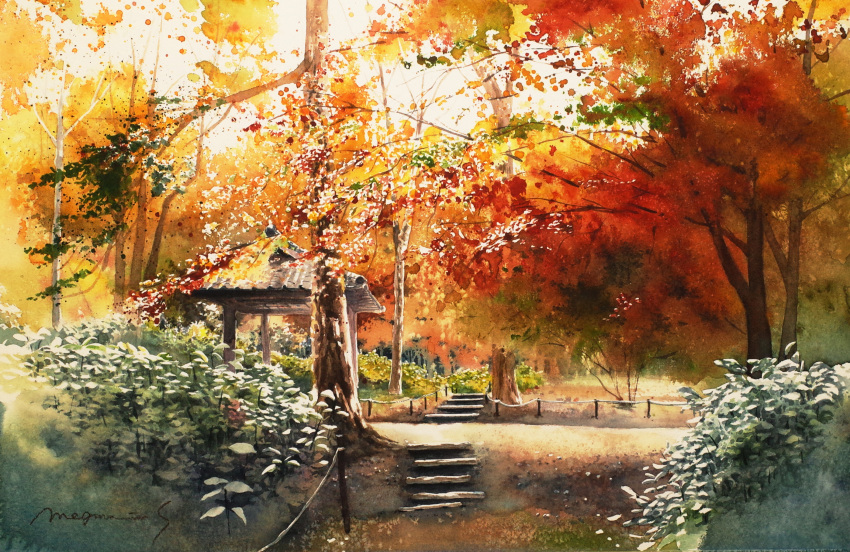 autumn_leaves bush fence_post highres leaf maple_leaf maple_tree no_humans original painting_(medium) park path plant rope_fence scenery shelter shimizu_megumi_(m_acquerello) traditional_media tree watercolor_(medium) weeds