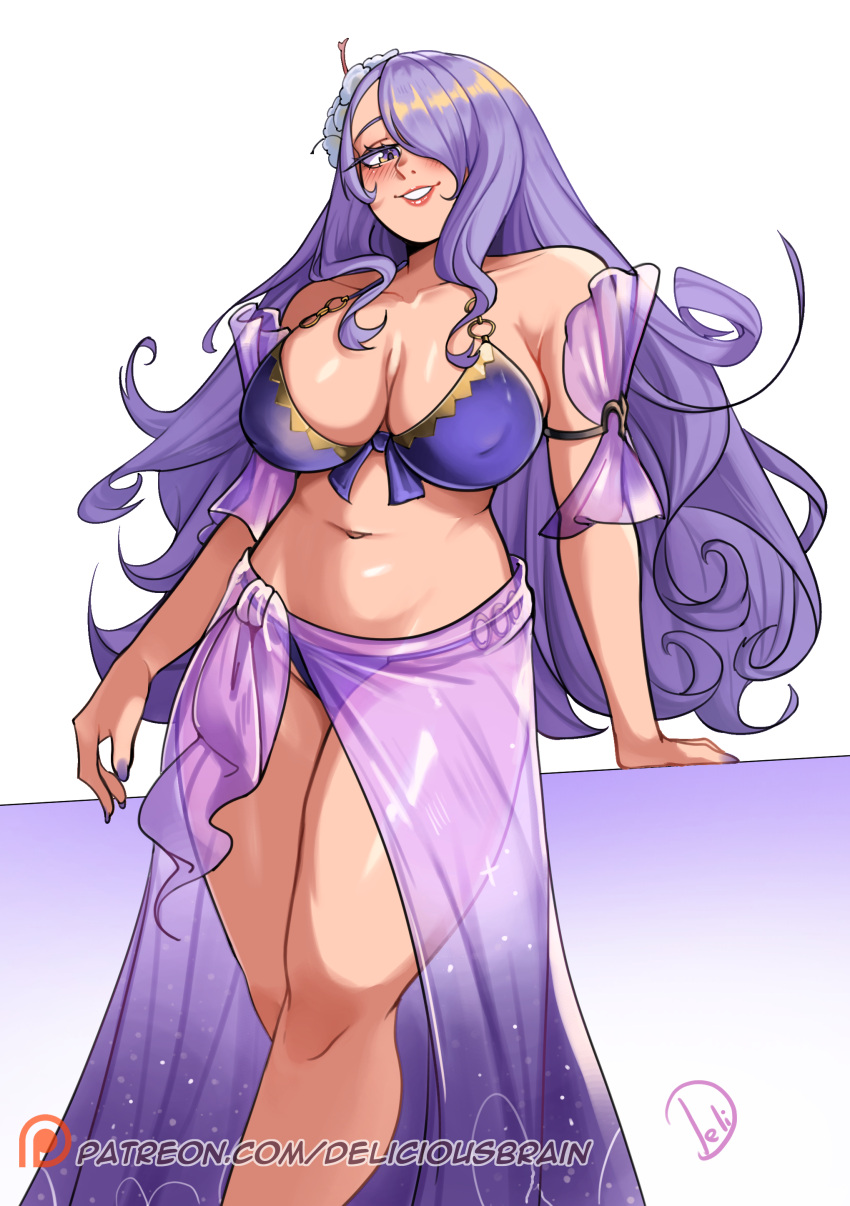 1girl absurdres bare_shoulders bikini breasts camilla_(fire_emblem) commentary deliciousbrain feet_out_of_frame fire_emblem fire_emblem_fates grin hair_over_one_eye highres large_breasts long_hair looking_at_viewer purple_bikini purple_eyes purple_hair sarong simple_background smile solo standing swimsuit thighs very_long_hair white_background